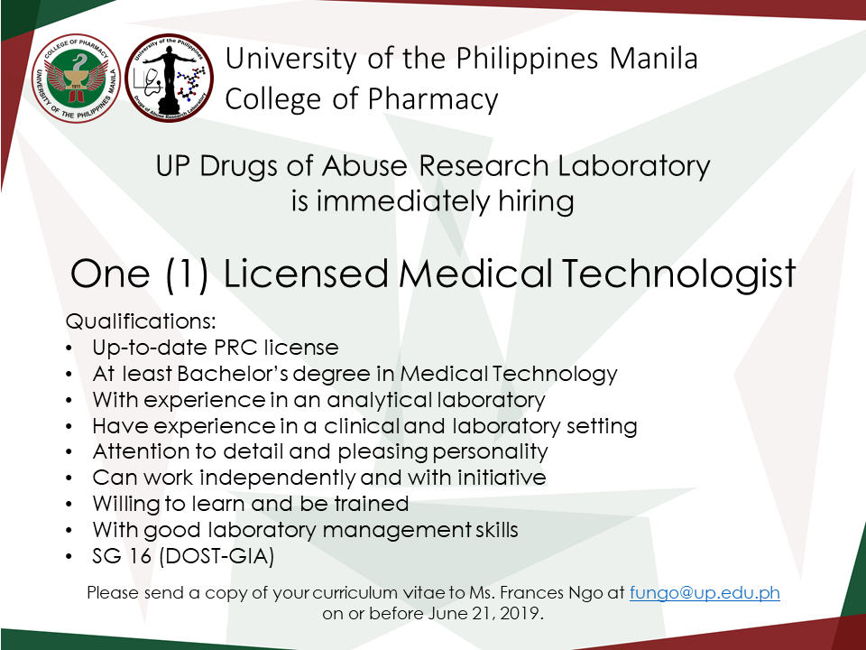 Job Opportunity Licensed Chemist Licensed Medical Technologist And Licensed Pharmacist - College Of Pharmacy