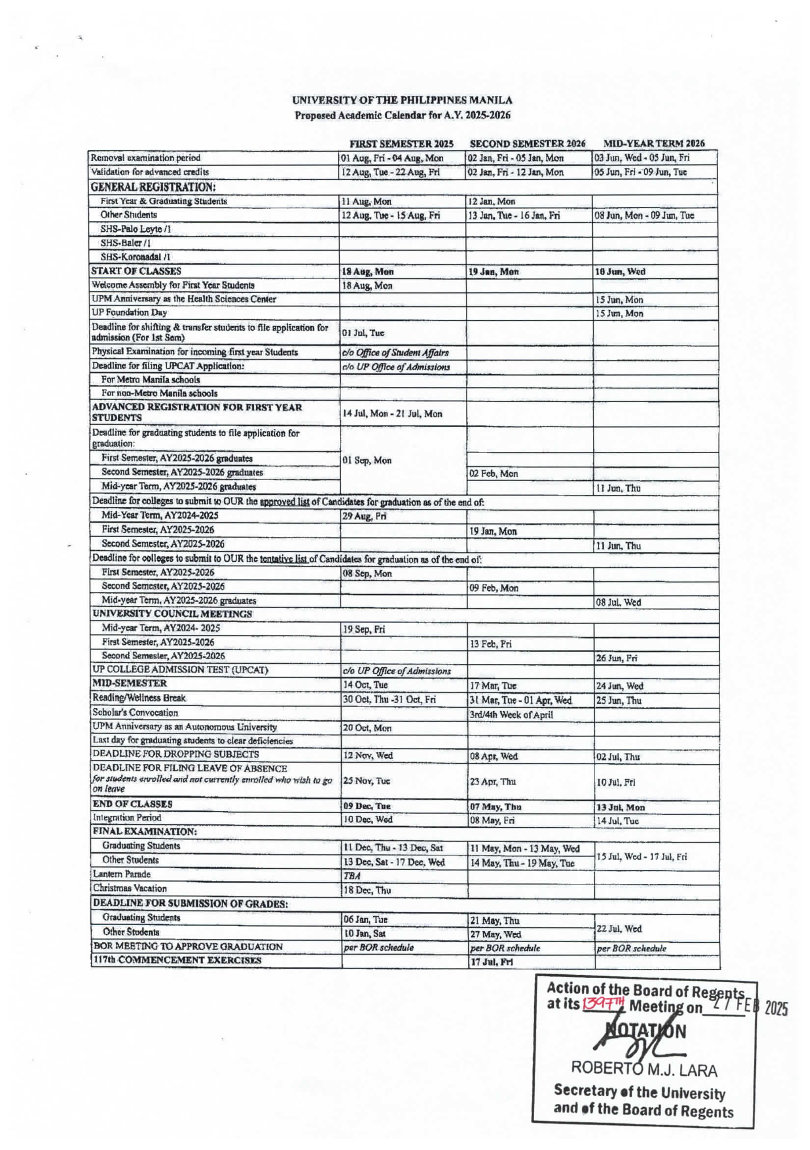 UP Manila Academic Calendar AY 2025-2026